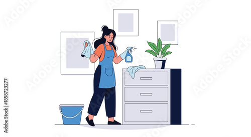 Woman in an apron and gloves thoroughly cleaning furniture with a spray bottle and cloth as part of her daily chores.