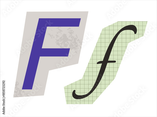 Handwritten and grotesque letter F on paper in scrapbooking style. Graphic element for a collage