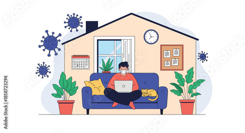 Man with a face mask working from home on a laptop while sitting on the sofa with his cat during the coronavirus quarantine.