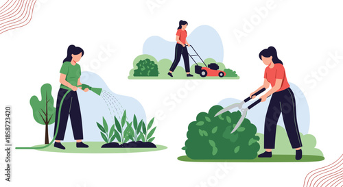 Set of three illustrations showing a woman doing various gardening tasks like watering plants mowing and trimming hedges.