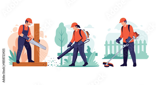 Set of professional gardeners performing various landscaping tasks including sawing wood using a leaf blower and trimming grass.