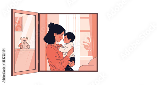 Tender moment of a loving mother holding her baby affectionately while looking out of an open window from inside their home.