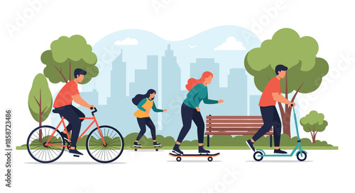 Family and friends enjoying various outdoor activities in a city park such as cycling and skateboarding on a sunny day.