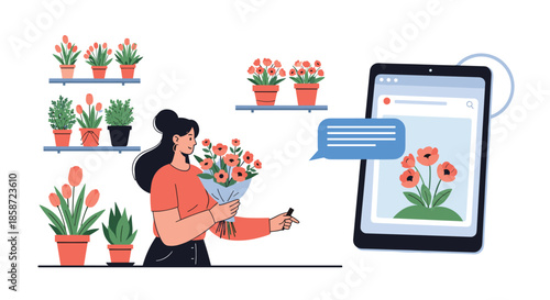 Woman arranging a bouquet of flowers and using a tablet for her online flower shop and delivery business from home.