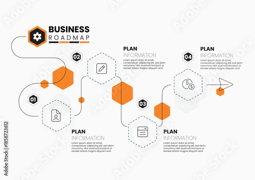 Business Roadmap Infographic with 4 Step Strategy Process and Hexagon Elements
