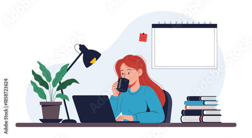 Woman with red hair drinking coffee while working or studying on her laptop at a desk with books and a plant.