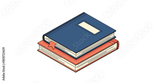 Isometric illustration of two stacked hardcover books with one having a bookmark showing from between the pages.
