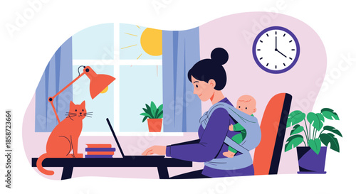 Working mother typing on a laptop at her home office desk while carrying her baby in a sling with a cat nearby.