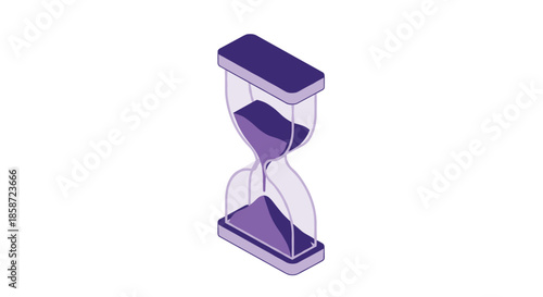 Isometric purple hourglass with sand flowing from the top to the bottom bulb representing time passing and deadlines.