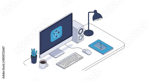 Isometric view of a modern and clean computer desk setup with a monitor keyboard mouse speakers and a cup of coffee.