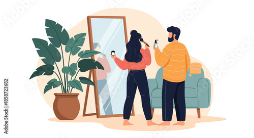 Couple standing in front of a mirror and applying skincare products together as part of their daily beauty routine.