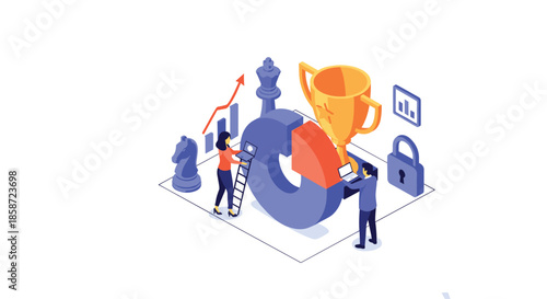 Business people analyzing a pie chart next to a trophy and chess pieces representing strategy success and achievement.