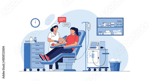 Female nurse talking to a young woman who is donating blood in a modern and well-equipped medical clinic room.