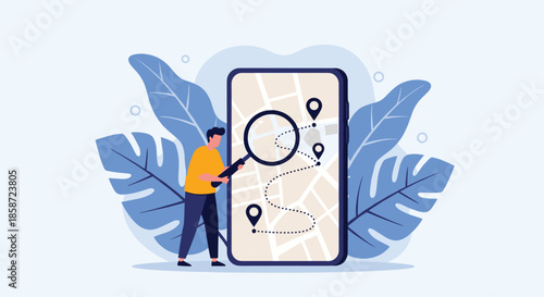 Man using a magnifying glass to search for a location and plan a route on a large smartphone map with pinpoints.