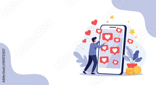 Man interacting with a large smartphone to get more likes and hearts on social media for online popularity growth.