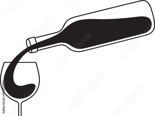 A continuous line drawing of wine being poured from a bottle into a glass.
