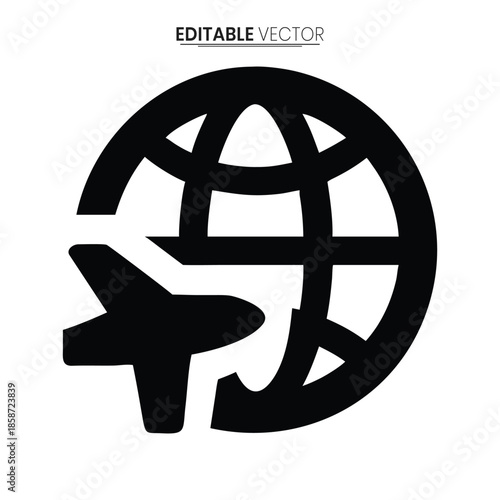 A black and white vector illustration depicting a globe with an airplane flying across it