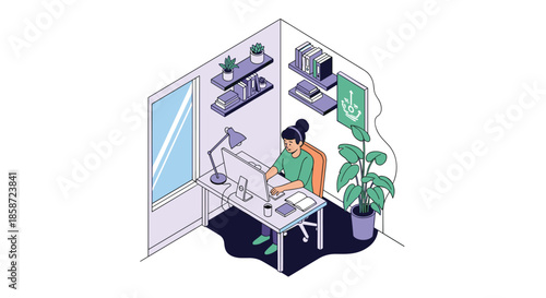 Isometric illustration of a woman working at her computer in a cozy and well-organized modern home office corner.