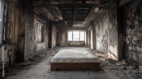 Abandoned burnt room with bed mattress in center. Fire-damaged apartment interior with soot walls, debris on floor, broken ceiling, daylight through window, disaster aftermath.