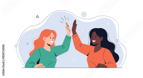 Two happy and diverse women giving each other a high five to celebrate success teamwork and friendship together.