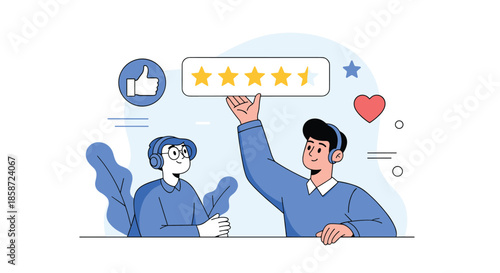 Two customer support agents collaborating to achieve a five-star rating for excellent service and client satisfaction.