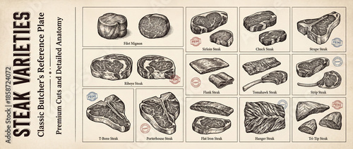 Explore the art of premium cuts and engraved steak varieties showcasing classic butcher's collection