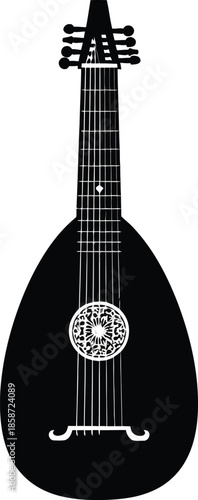 A silhouette of a black lute with a detailed circular soundhole design