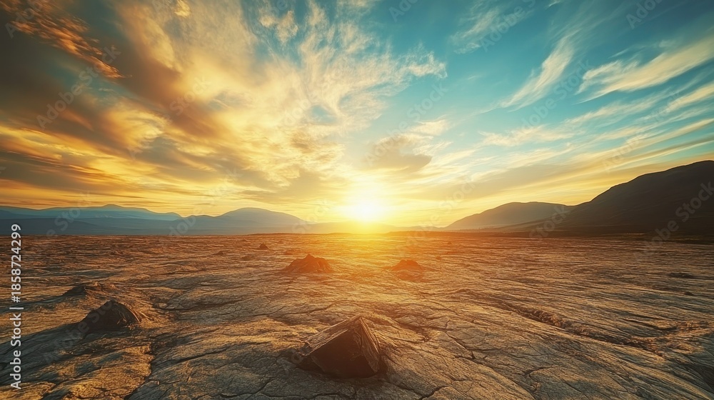 Fototapeta premium Golden sunset illuminating a vast desert landscape with scattered rocks under a dramatic sky