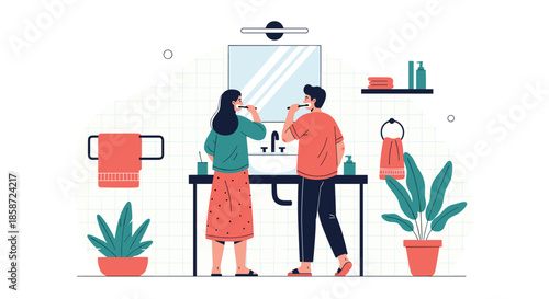 Flat vector illustration of a young couple standing side-by-side in a modern bathroom and brushing their teeth together in the morning. This shows a shared daily routine and healthy habits.