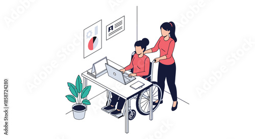Isometric vector illustration showing an inclusive workplace with a colleague helping a woman in a wheelchair at her office desk. This concept represents disability inclusion and support at work.