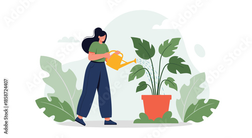 A lovely flat illustration of a young woman watering a large potted plant with a yellow watering can in a leafy environment. The image beautifully represents gardening and plant care as a hobby.
