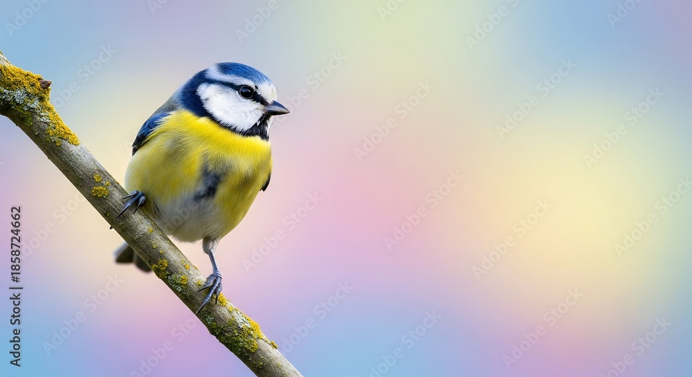 Fototapeta premium Blue Tit Bird Perched On A Frosted Branch With A Soft Pastel Background