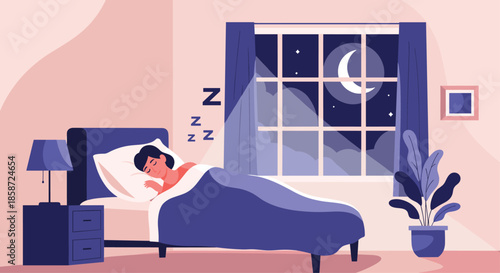 A young woman peacefully sleeping in her cozy bed at night with the moon and stars visible through the window. This beautiful illustration represents rest relaxation and getting a good night's sleep.
