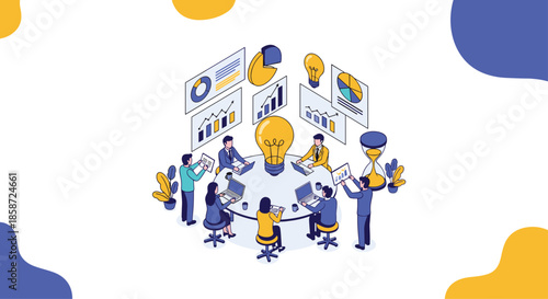 An isometric illustration of a business team in a meeting around a table with a large lightbulb symbolizing a great idea. This visual represents brainstorming innovation and strategic planning.