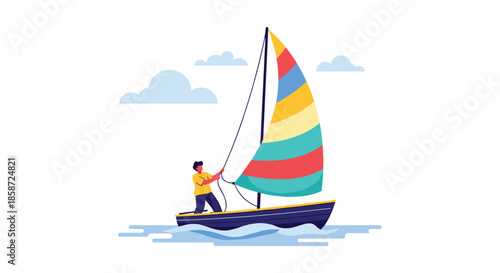 A man on a small sailboat with a colorful striped sail navigating the water on a clear day with clouds in the sky. This flat vector illustration represents sailing recreation and outdoor adventure.