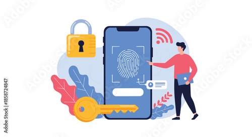 A man using fingerprint recognition on a smartphone for secure access with a large lock and key nearby. The flat vector illustration represents biometric authentication and data security technology.