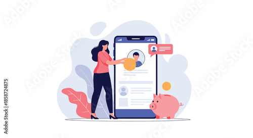 A woman putting a large coin into a piggy bank while using a mobile banking app on a giant smartphone. The flat vector illustration represents digital savings online banking and financial management.