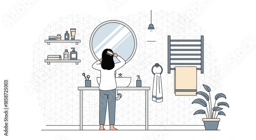 A woman with her back to the viewer stands in a modern tiled bathroom brushing her hair in front of a round mirror. The line art illustration represents a daily morning or beauty routine.