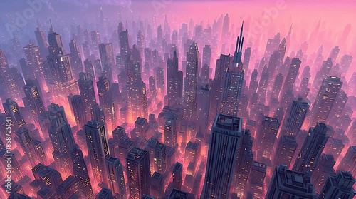 Cyberpunk Metropolis Skyline in Deep Pink and Purple Mist at Night