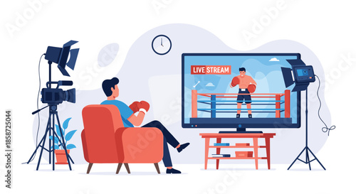 A man wearing boxing gloves sits in an armchair and watches a live stream of a boxing match on a large TV screen. This flat vector illustration depicts online sports streaming and home entertainment.