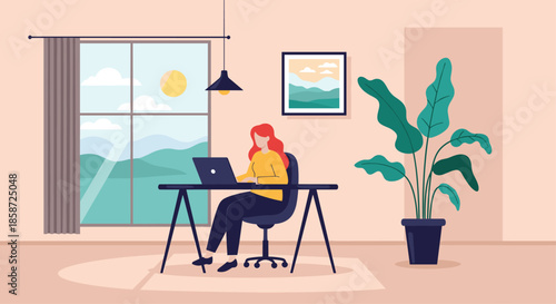 A woman working on her laptop at a desk in a comfortable home office with a large window showing a sunny landscape. This flat vector illustration depicts a peaceful remote work or freelance lifestyle.