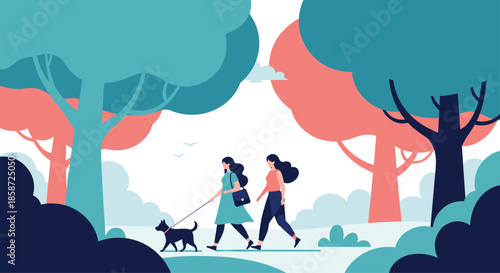 Two young women walking together with a small dog on a leash through a beautiful park with colorful abstract trees. This flat vector illustration depicts friendship outdoor activity and pet ownership.