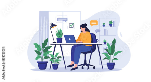 A woman working or studying from home on her laptop at a desk surrounded by green houseplants. The flat vector illustration represents a productive and comfortable remote work environment.
