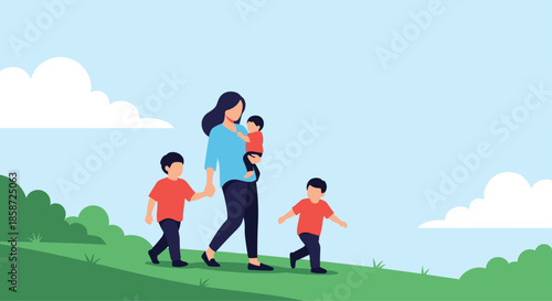 A mother walking in a green park on a sunny day with her three young sons one of whom she is carrying. This flat vector illustration depicts a happy family enjoying outdoor activities and motherhood.