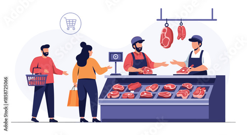 Customers shopping for fresh meat at a butcher shop with two butchers serving them from behind a display counter. The flat vector illustration depicts a local market and grocery shopping experience.