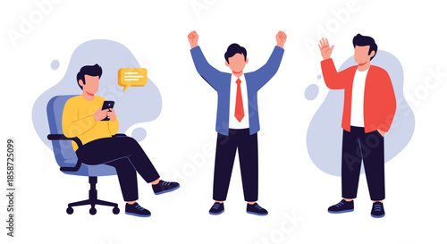 A set of three flat illustrations showing a man in different situations including texting on a phone celebrating success and waving hello. The character poses represent various modern life activities.