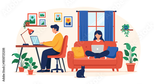 A couple working or studying from the comfort of their cozy and stylish home with the man at a desk and the woman on the sofa. This flat vector illustration depicts a modern remote work lifestyle.