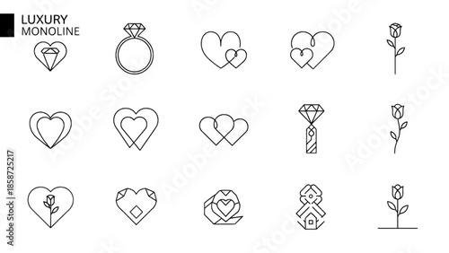 Luxury monoline icons of diamonds rings intertwined hearts and roses on transparent background