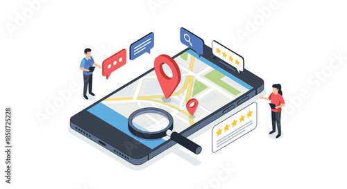 An isometric illustration of people using a smartphone with a map to find a location and read online reviews. The image represents local search GPS navigation and online reputation management.