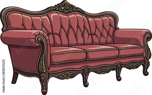 A richly decorated red vintage sofa with ornate wooden detailing
